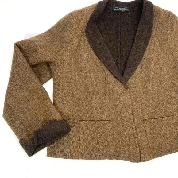 Peruvian Connection Knit Jacket Blazer Alpaca Size 8 Brown Herringbone Snap Up - Picture 4 of 16